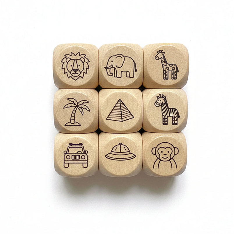Nine wooden dice with various symbols on a white background