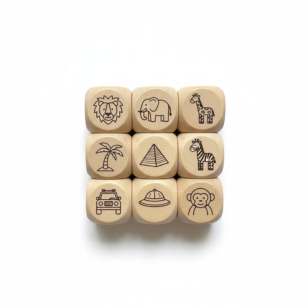 Nine wooden dice with various symbols on a white background