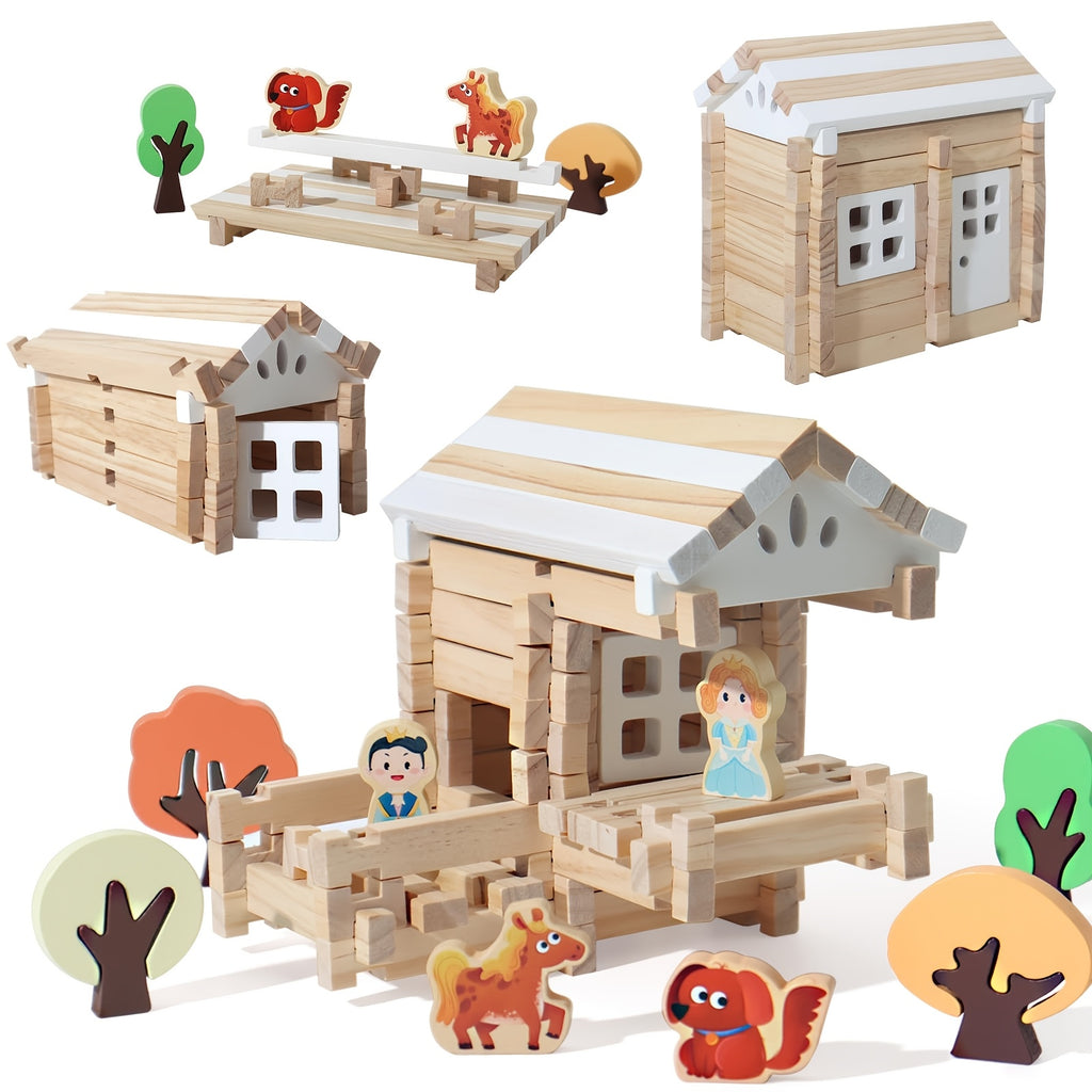 Wooden Log Cabin Building Set Wonder Kiiids 