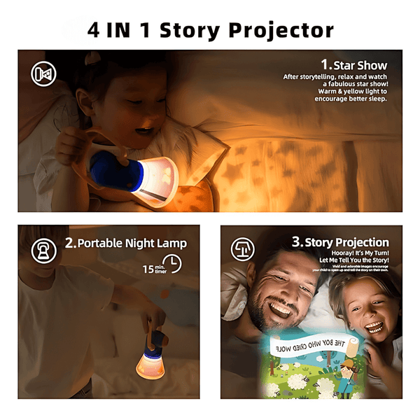  Child Enjoys Bedtime Stories with Mideer Story Projection Torch. Young child excitedly using the Mideer Story Projection Torch to project stories onto the bedroom wall.