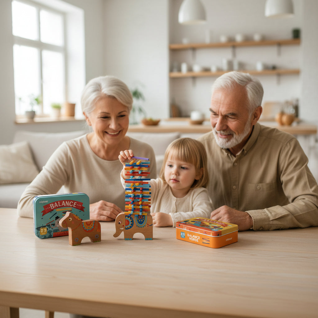 Colorful balance tower game with wooden horses and colorful sticks on a white background