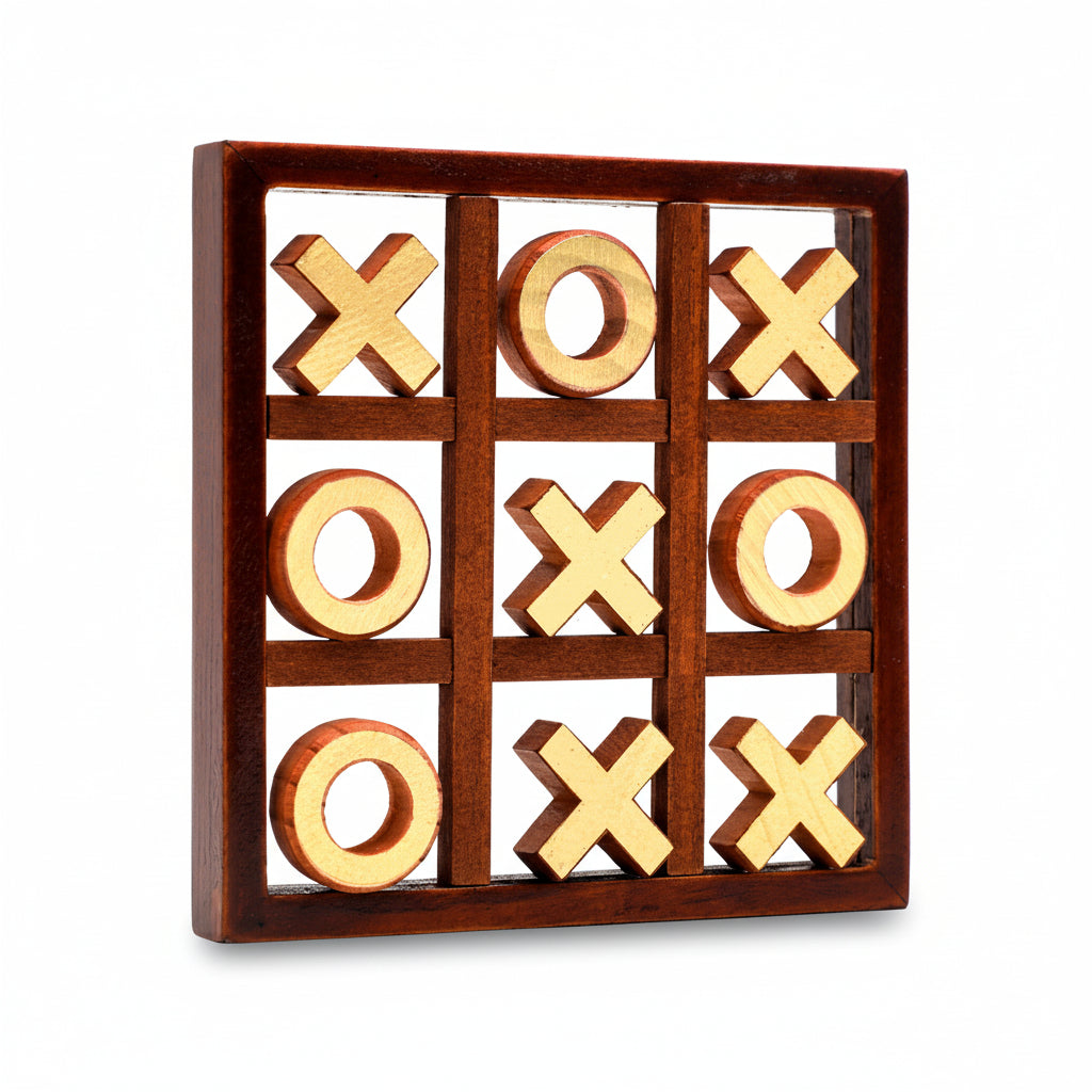 Wooden tic-tac-toe game with 'X' and 'O' symbols on a white background