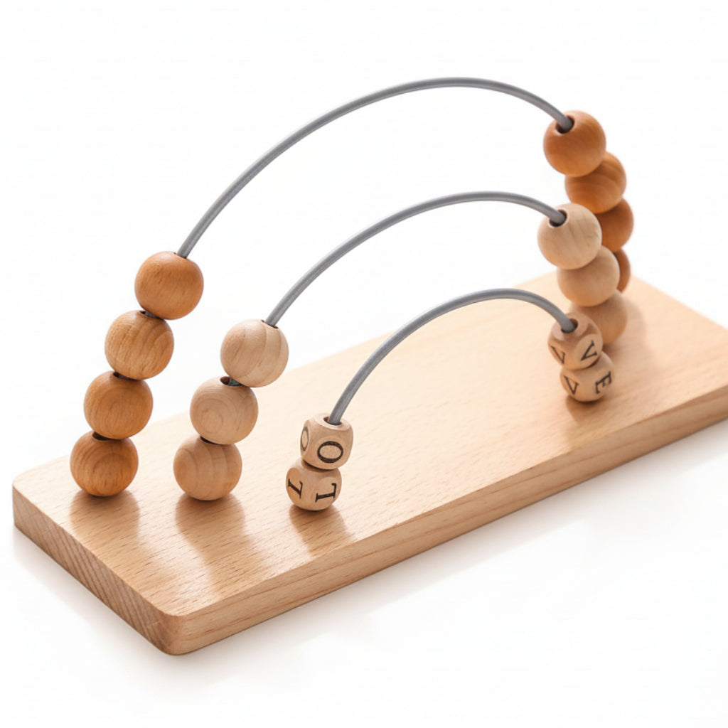 Wooden toy with beads and arches on a carpeted floor