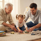 Wooden puzzle with toy cars labeled as taxi, fire truck, rubbish truck, ambulance, and police car on a white background.