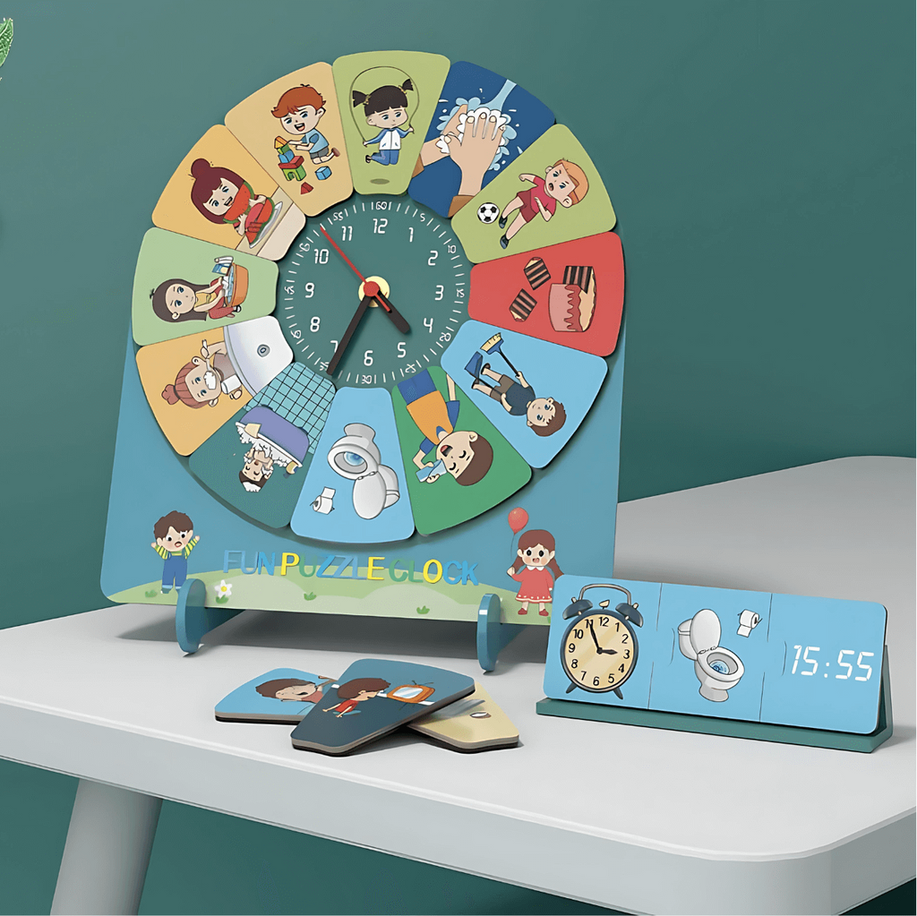 Children's Cartoon Time Cognition Set, its characters, and its use in daily routines.  #learningthroughplay #happyroutines #familyfun #cartoontimecognition #educationaltoys #toddlerdevelopment #preschoollearning #wonderkiiids