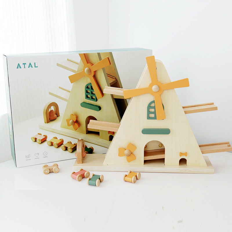WK Wooden Windmill Track Gliding Car Toy