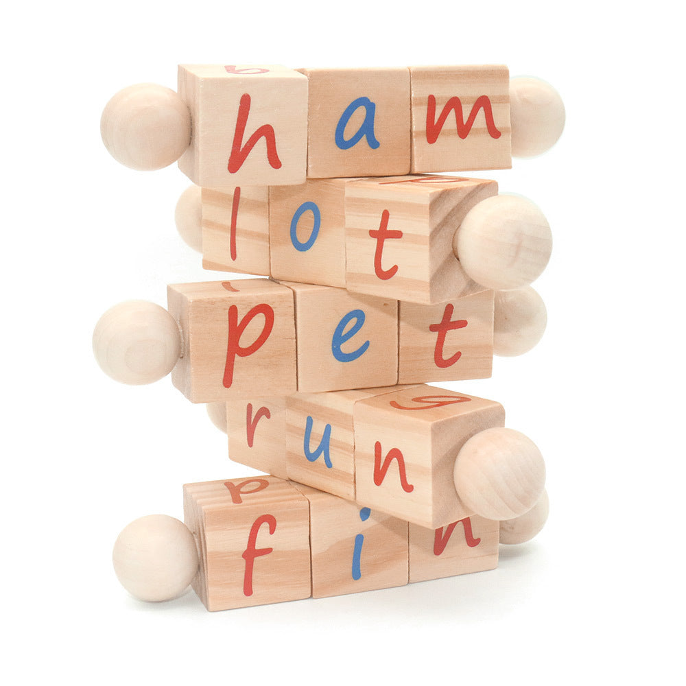 A  Wonder Kiiids - set of wooden Montessori phonetic reading blocks arranged to spell out a word, with each block having a different colored letter on it.