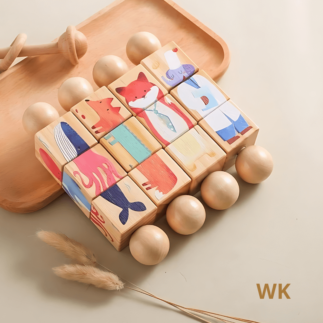 Wooden Rainbow Rattle lying on a soft play mat with other sensory toys