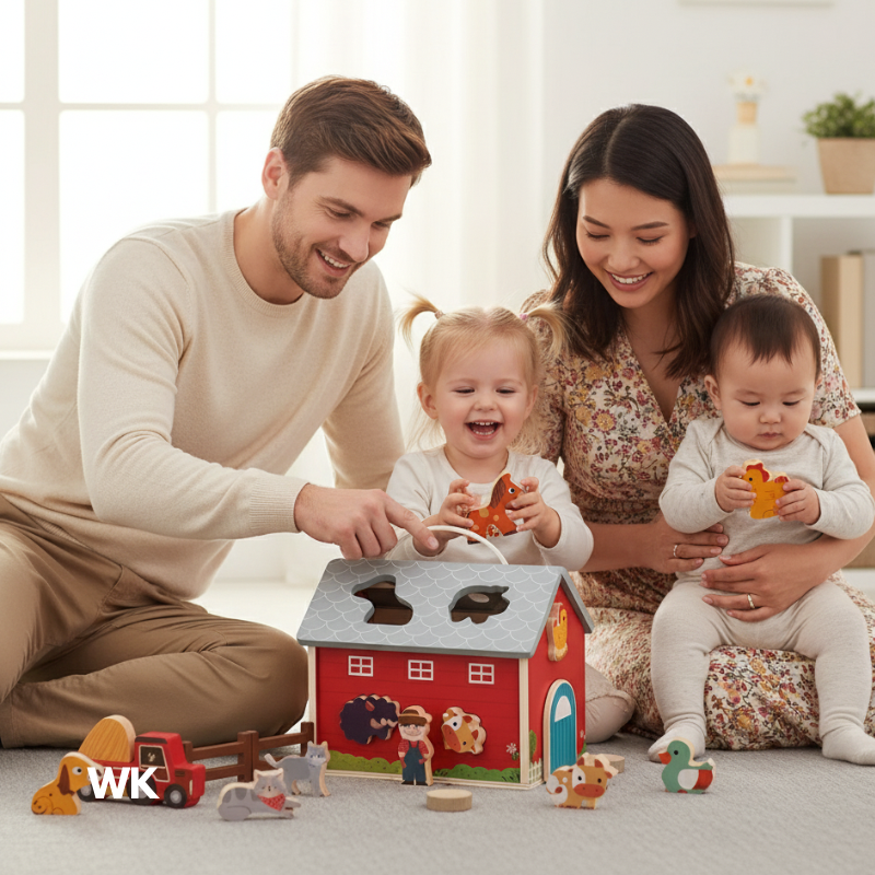 A beautiful WONDER KIIDS wooden farm toy set for kids, featuring a classic barn and assorted farm animals, perfect for imaginative and sustainable play.