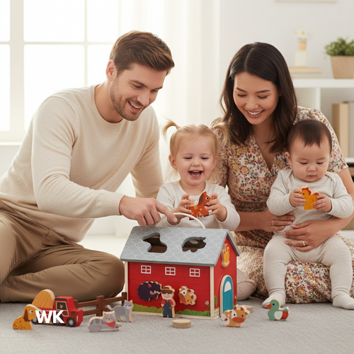 A beautiful WONDER KIIDS wooden farm toy set for kids, featuring a classic barn and assorted farm animals, perfect for imaginative and sustainable play.