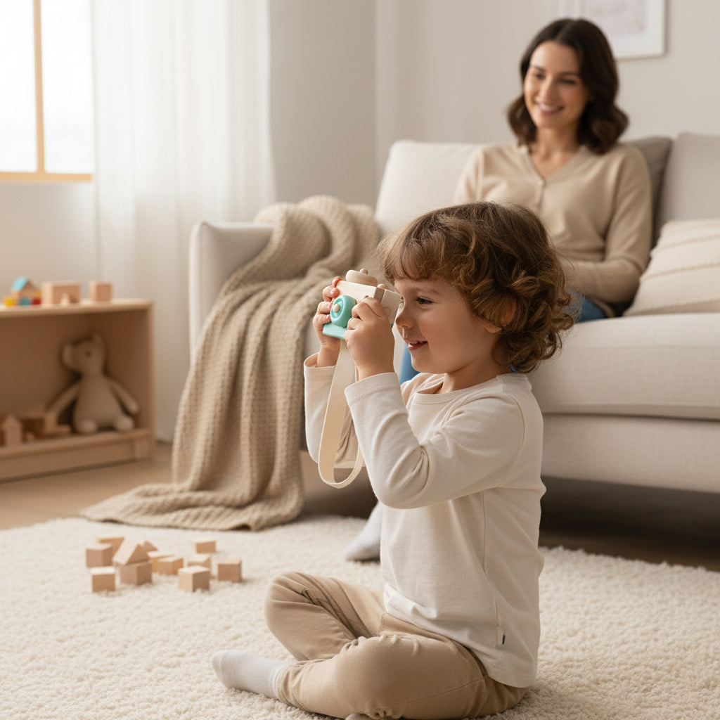 Wooden toy camera with teal front held by a hand on a white background