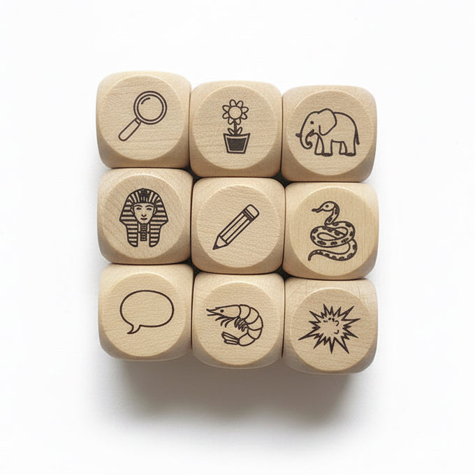 Set of wooden dice with various symbols in a clear plastic bag on a white background