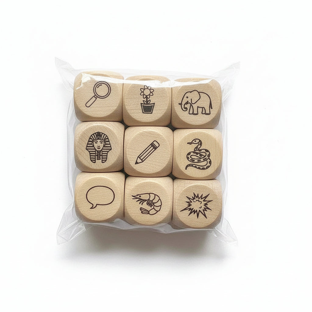 Set of wooden dice with various symbols in a clear plastic bag on a white background