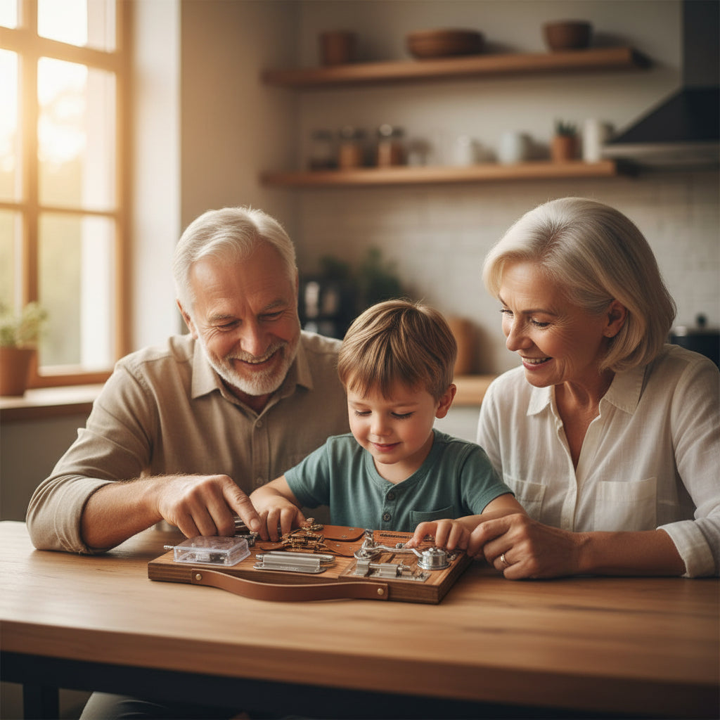 Wooden board with various metal components and a compass on a white background