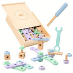 A wooden nut screw disassembly assembly tool box toy, with various wooden pieces in different shapes and colors spilled out, along with a few metal screws and tools.