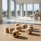 Wooden dice with puzzle piece symbols on a wooden table in a modern living room.