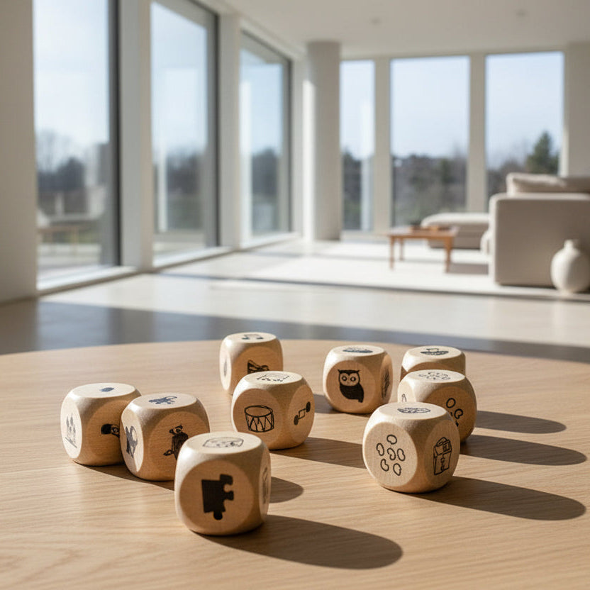 Wooden dice with puzzle piece symbols on a wooden table in a modern living room.