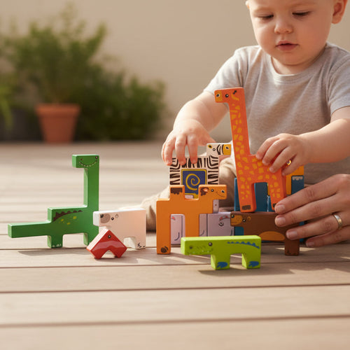 Child playing with colorful wooden building blocks on a wooden surface