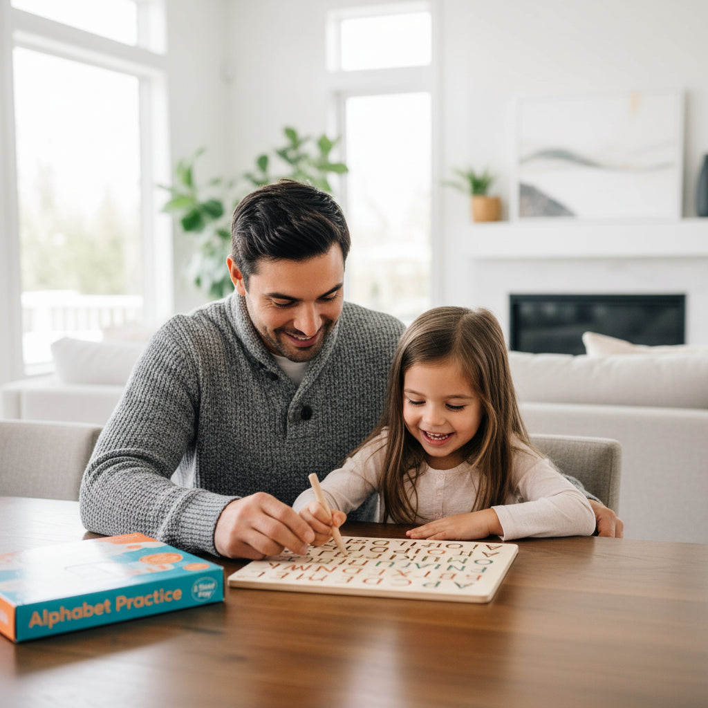 Wooden alphabet board with colorful letters and a book titled 'Alphabet Practice' on a beige background.