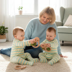 Wooden teething ring with green beads on a white background