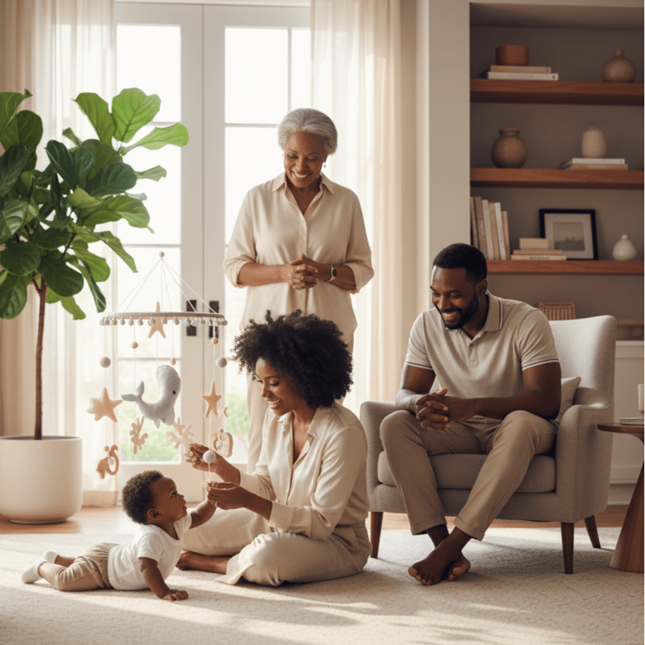 Family of four in a living room with a baby playing on the floorWhale Baby Mobile – Gentle Movement, Dreamy Nursery_ Wonder Kiiids