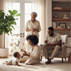 Family of four in a living room with a baby playing on the floorWhale Baby Mobile – Gentle Movement, Dreamy Nursery_ Wonder Kiiids