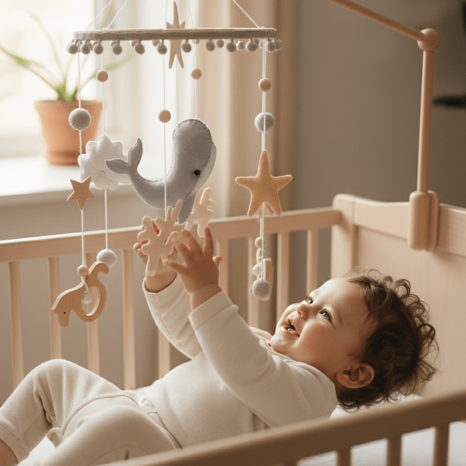 Baby in a crib reaching for a hanging mobile with stars and animalsBaby Mobile – Gentle Movement, Dreamy Nursery_ Wonder Kiiids