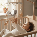 Baby in a crib reaching for a hanging mobile with stars and animalsBaby Mobile – Gentle Movement, Dreamy Nursery_ Wonder Kiiids