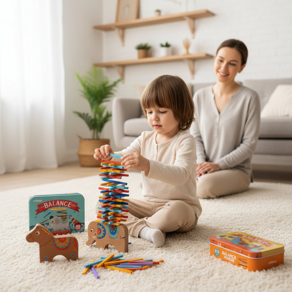 Colorful balance tower game with wooden horses and colorful sticks on a white background