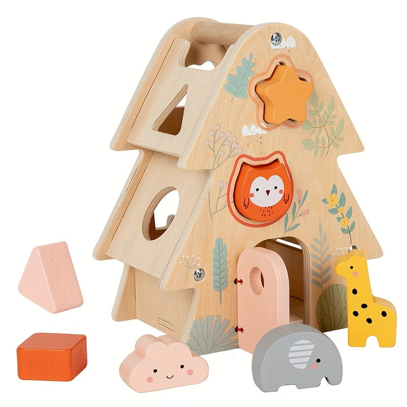 Wooden shape sorter toy with animal figures and geometric shapes on a white background . WONDER KIIIDS