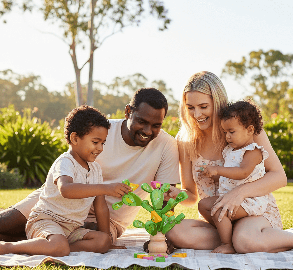 Family of four sitting on a blanket outdoors, playing with a toy plant.
