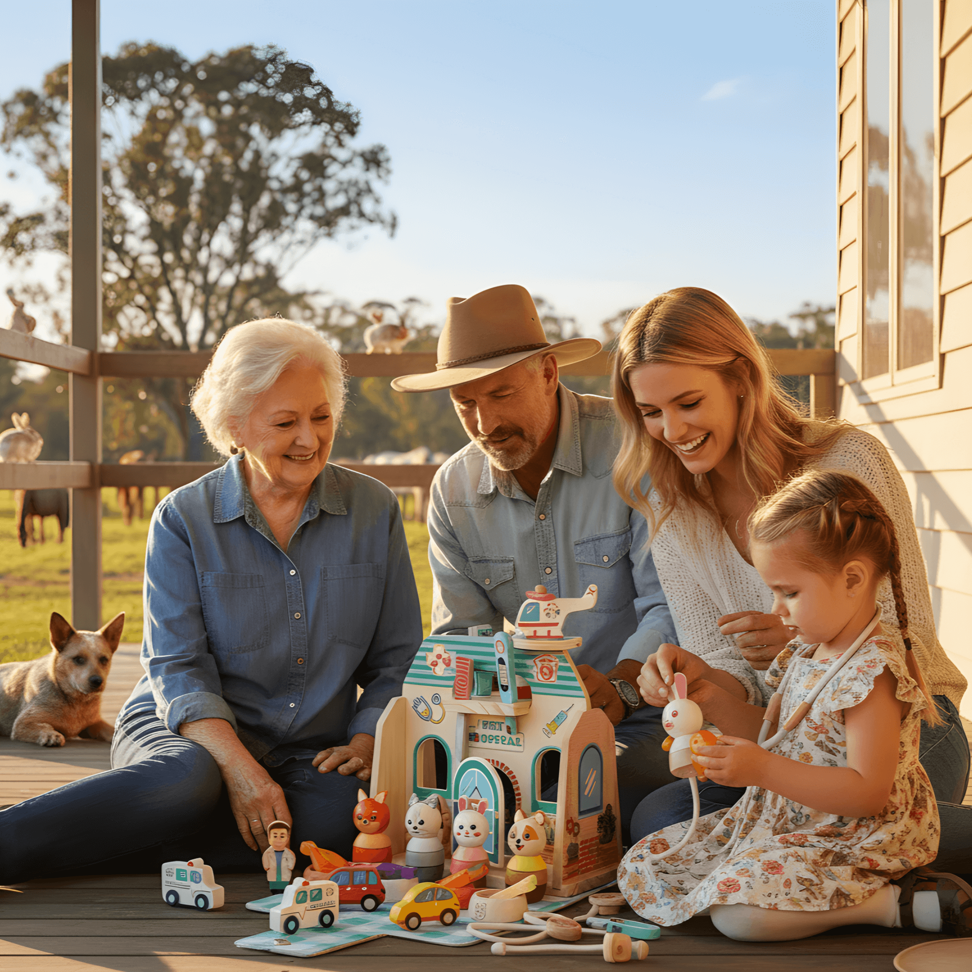 Family with a young child playing with toys on a wooden deck with a rural background