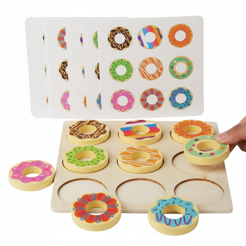 Wooden donut puzzle with colorful donut shapes on a white surface