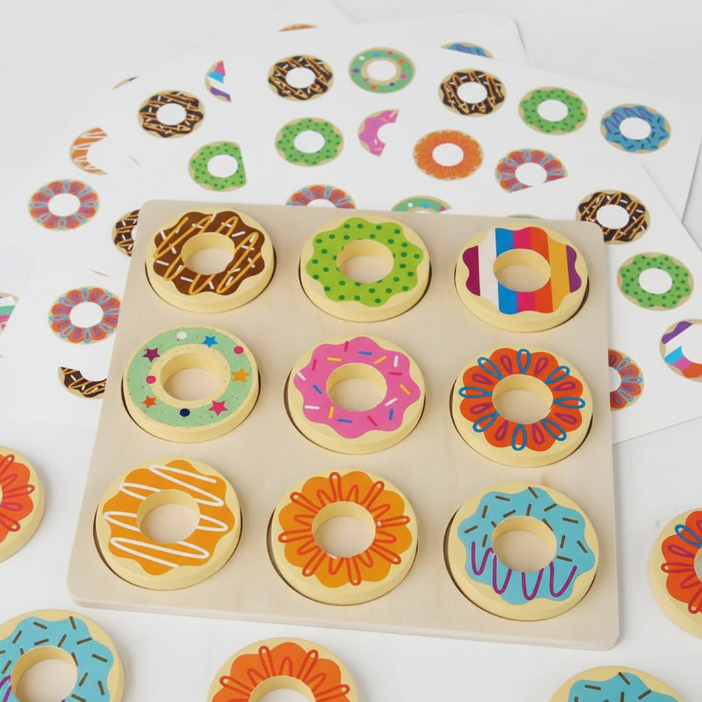 Wooden donut puzzle with colorful decorations on a white background