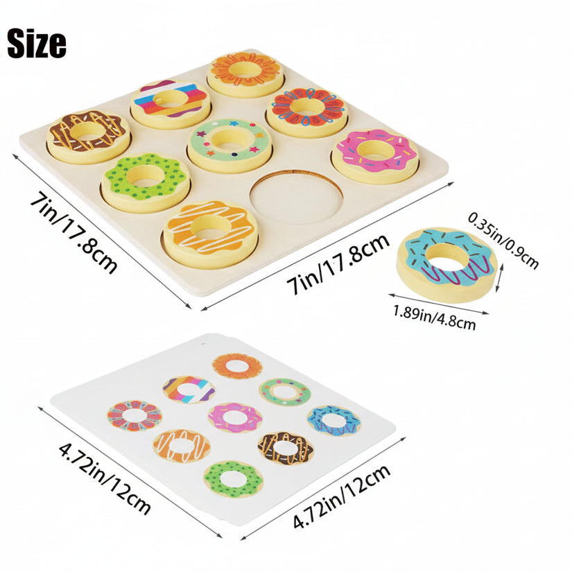Wooden toy donut set with measurements on a white background