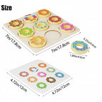 Wooden toy donut set with measurements on a white background