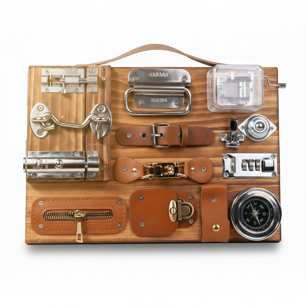 Wooden board with various metal components and a compass on a white background