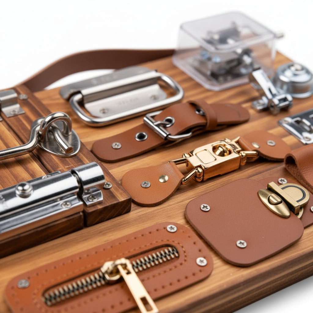 Wooden briefcase with metal accents and a compass on a white background