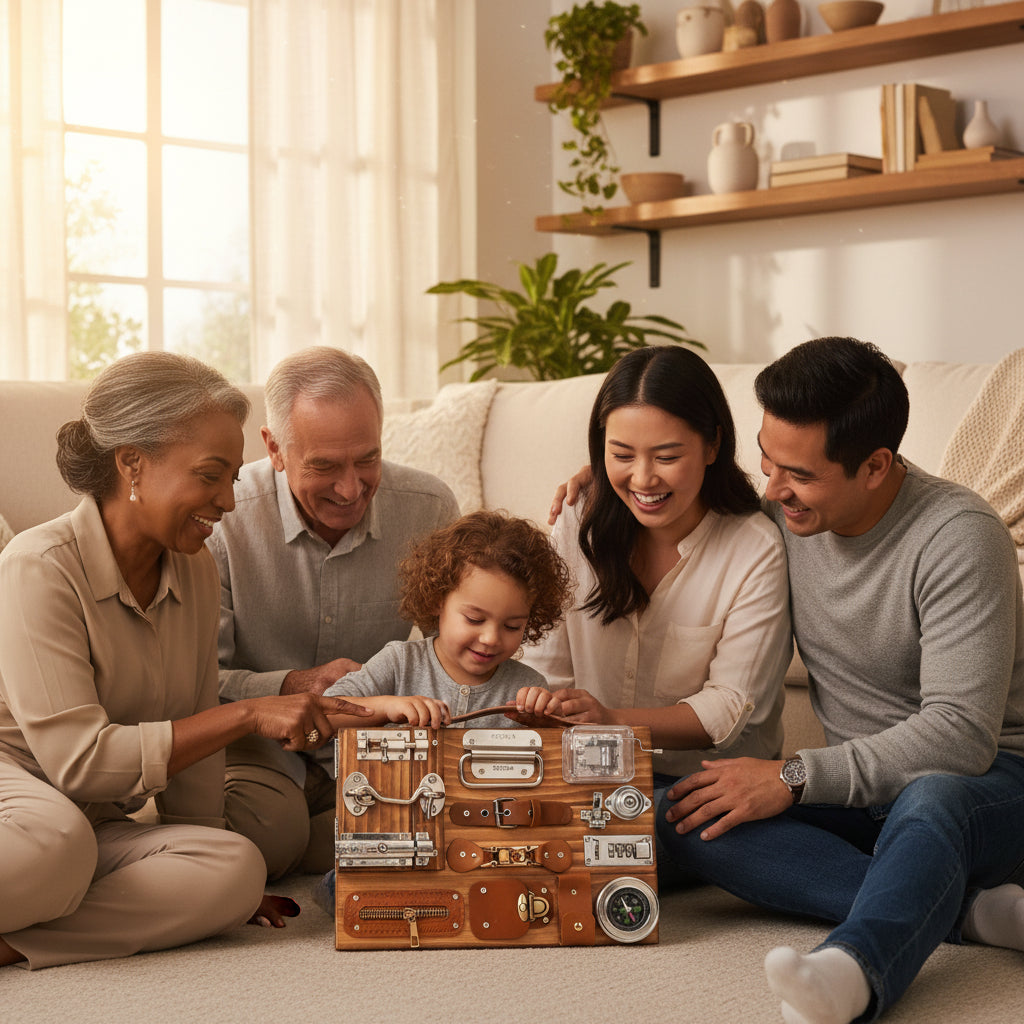 Wooden briefcase with locks, a compass, and other hardware components on a white surface.