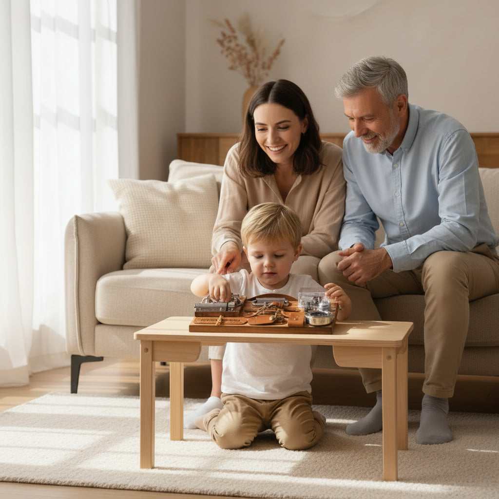 Wooden briefcase with locks, a compass, and other hardware components on a white surface.