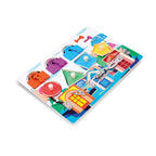 A colorful Montessori busy board with various interactive elements such as doors, windows, and geometric shapes.