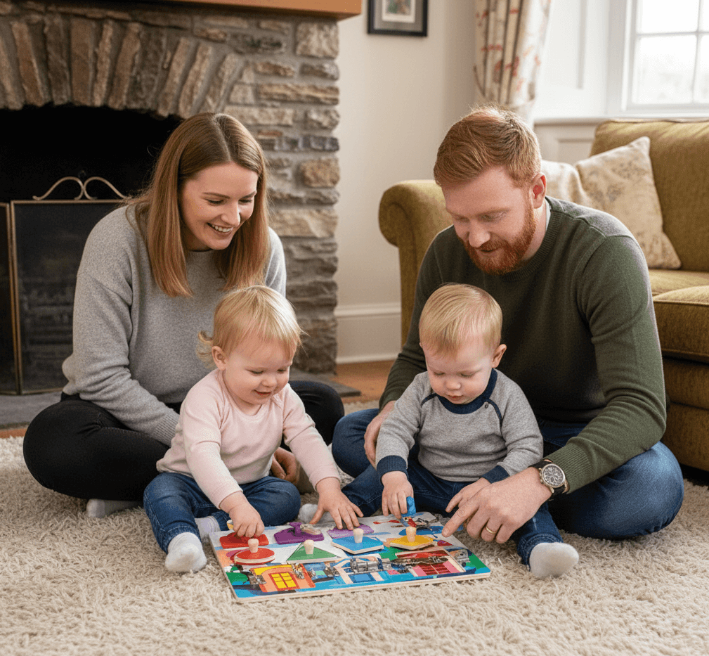 Family of four playing with a puzzle on the floor in a cozy living room.