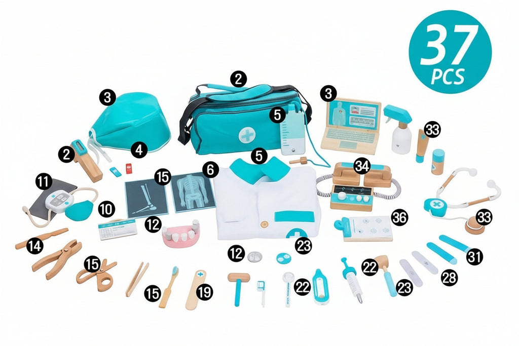 Collection of toy medical equipment with labels on a white background