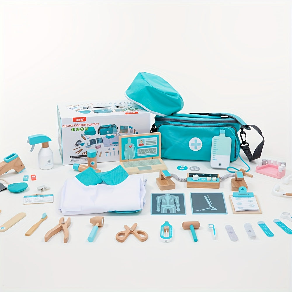 Toy doctor's kit with various medical tools on a white background