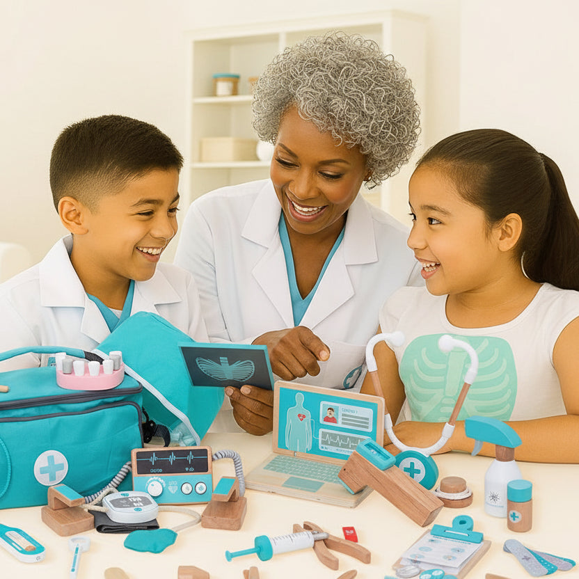 Two children playing with a toy medical set on a table.