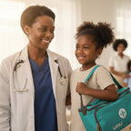 Turquoise first aid bag with a white cross symbol on a light gray background