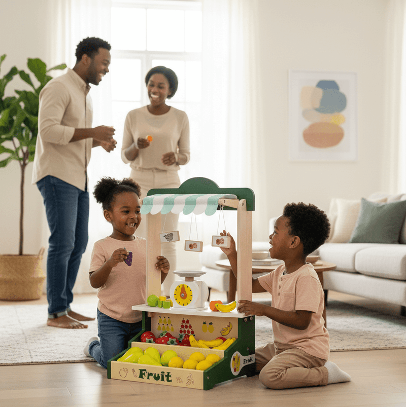Family playing with a toy fruit stand in a living room._Wooden_Farmers_Market_Stand_Fruit_WonderKiiids_1