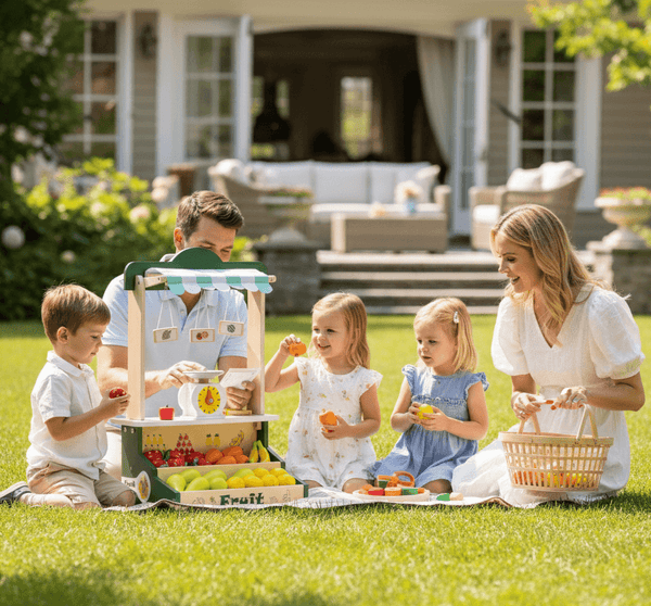 Family with children having a picnic in a garden.Family3_Wooden_Farmers_Market_Stand_Fruit_WonderKiiids_1