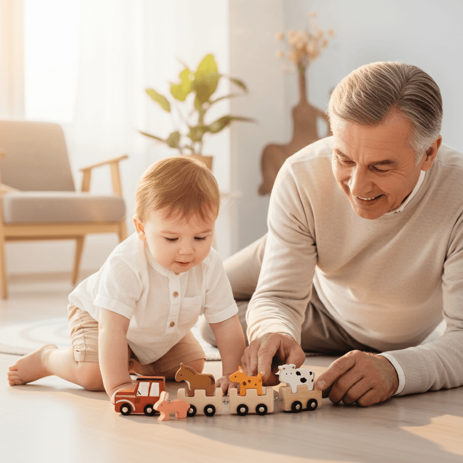 Grandparent and child building wooden vehicle together. Farm Friends Tractor Set Wonder Kiiids