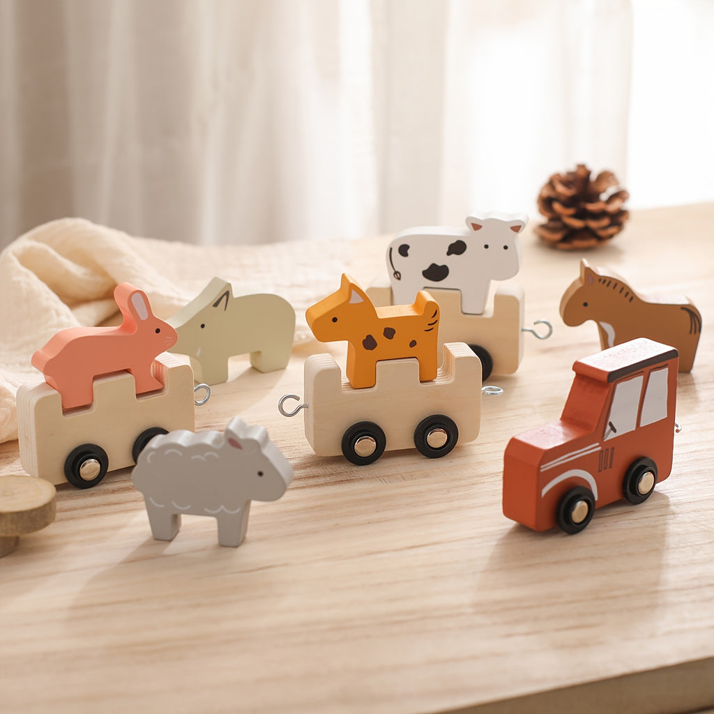 Close-up of handcrafted wooden car parts.  of wooden animal toys on a wooden surface with a soft, neutral background.